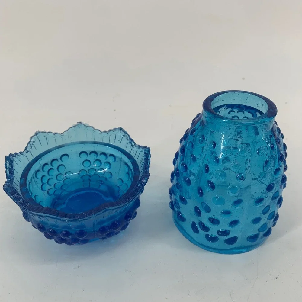 Vintage Blue Hobnail Glass Fairy Lamp Two Piece Votive Candle Holder Taiwan